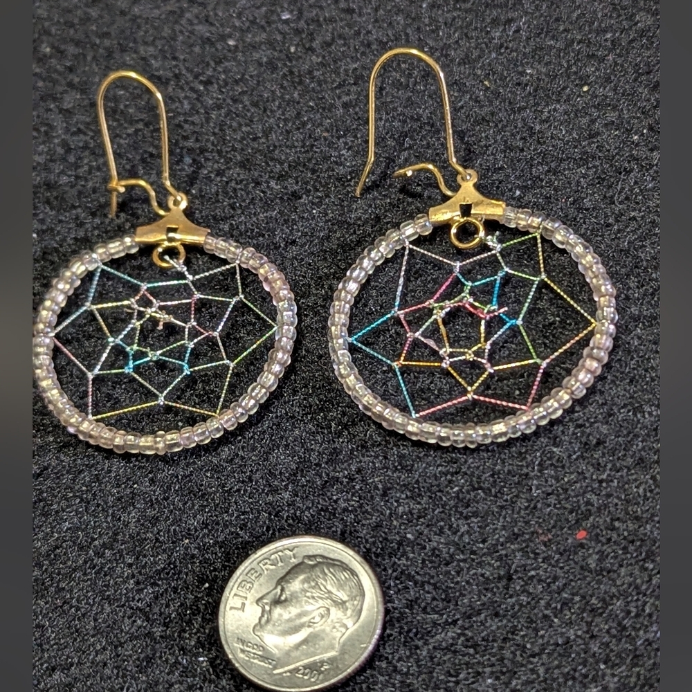 Vintage Dreamcatcher Earrings Gold Tone Colorful Metallic Cord Gold Earwires